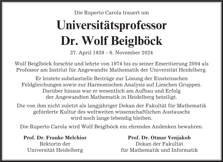 Todesanzeige Prof. Beiglböck